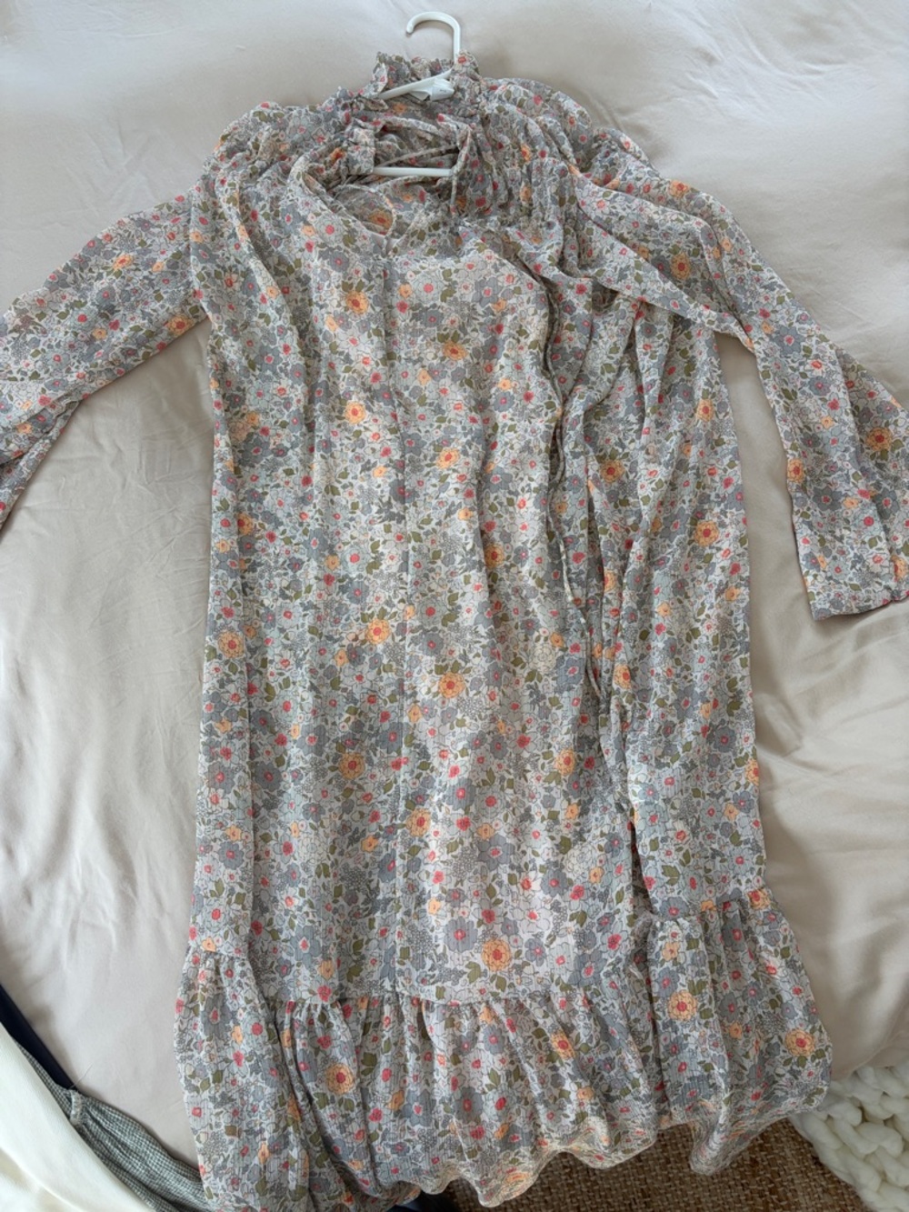 H&M Floral Long-Sleeve Ruffle-Neck Dress in Gray, Cream, Pink and Orange